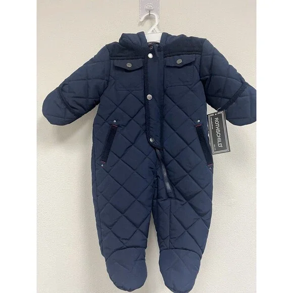 Infants Rothschild Navy Blue Quilted Fleece Lined Hooded Snow Suit Size 6/9M